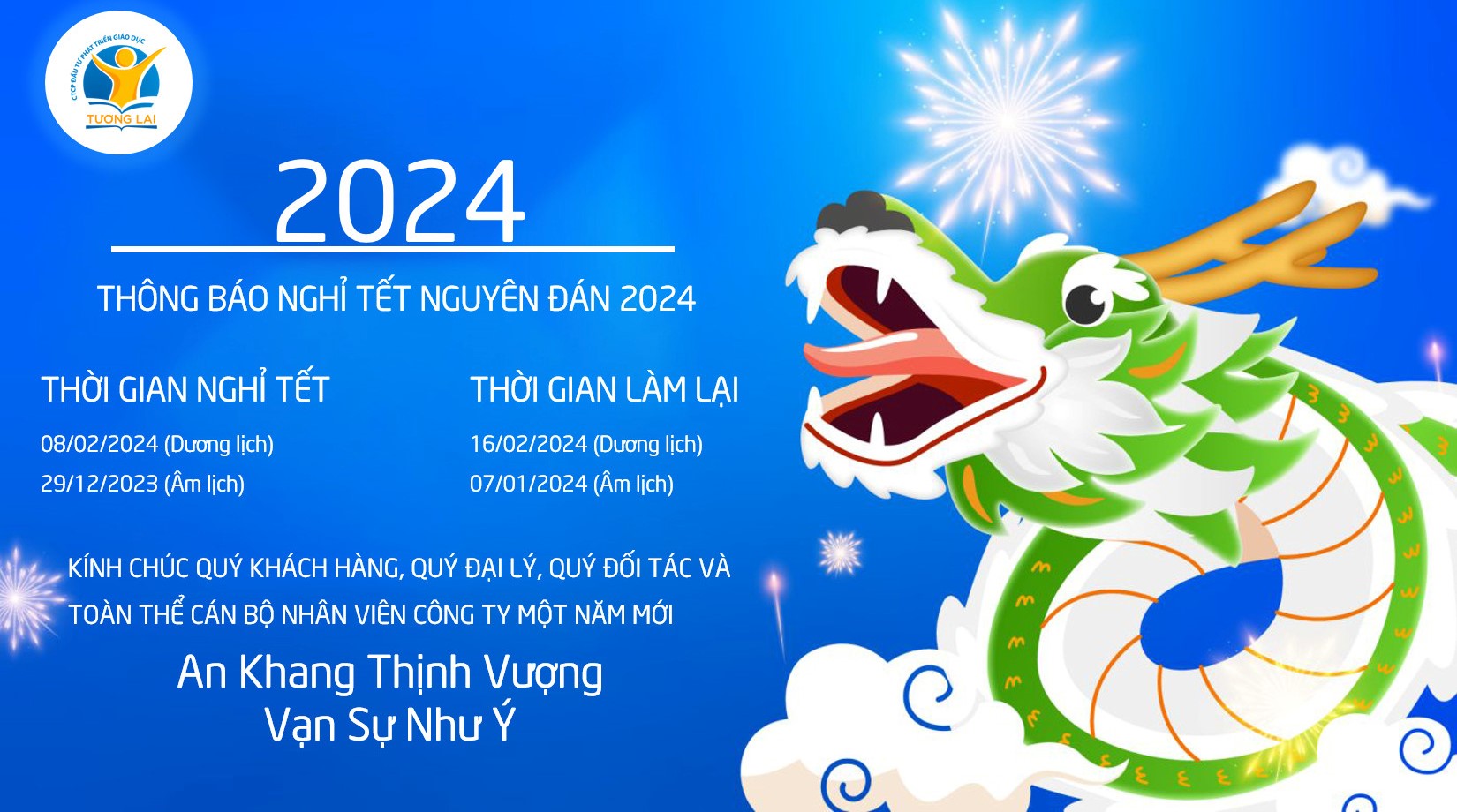 Thông báo lịch nghỉ Tết Nguyên Đán Giáp Thìn 2024